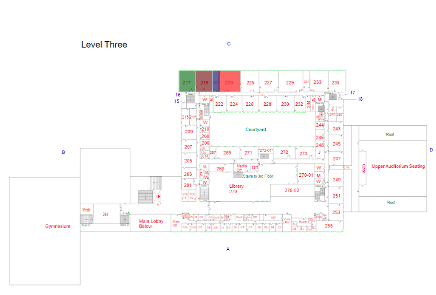 Adjacent rooms 217, 219, 221, and 223 - each of varying sizes - filled in with chosen dummy colors